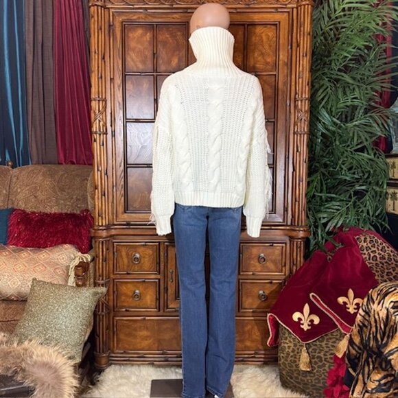 Connoto Ivory Cable Knit Fringe Sleeve Ribbed Turtleneck Sweater - Picture 8 of 16